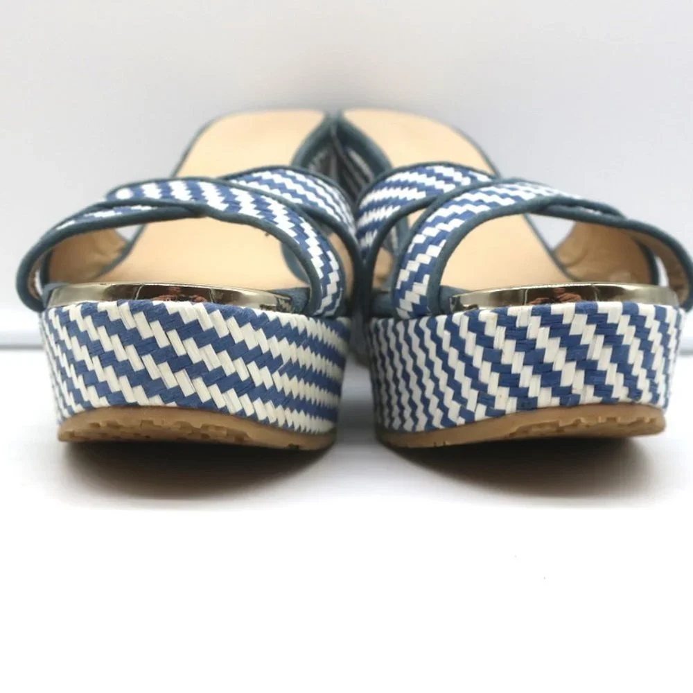 JIMMY CHOO PERFUME CRISSCROSS PLATFORM WEDGE SANDALS BLUE WOVEN RAFFIA SIZE 37 - Picture 5 of 11